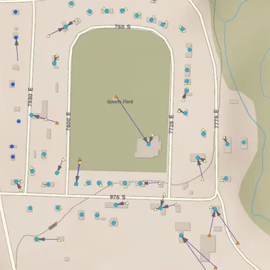 Lines showing which circle points are considered the nearest for the triangle points.